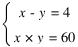 delim{lbrace}{matrix{2}{1}{{x - y = 4} {x * y = 60}}}{}
