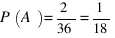 P(A) = 2/36 = 1/18