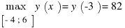 {max}under{delim{[}{-4; 6}{]}} y(x) = y(-3) = 82